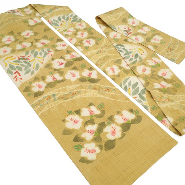 新古品】 名古屋帯 九寸 未使用 鈴木紀絵 国画会準会員 型絵染 絞り 紬