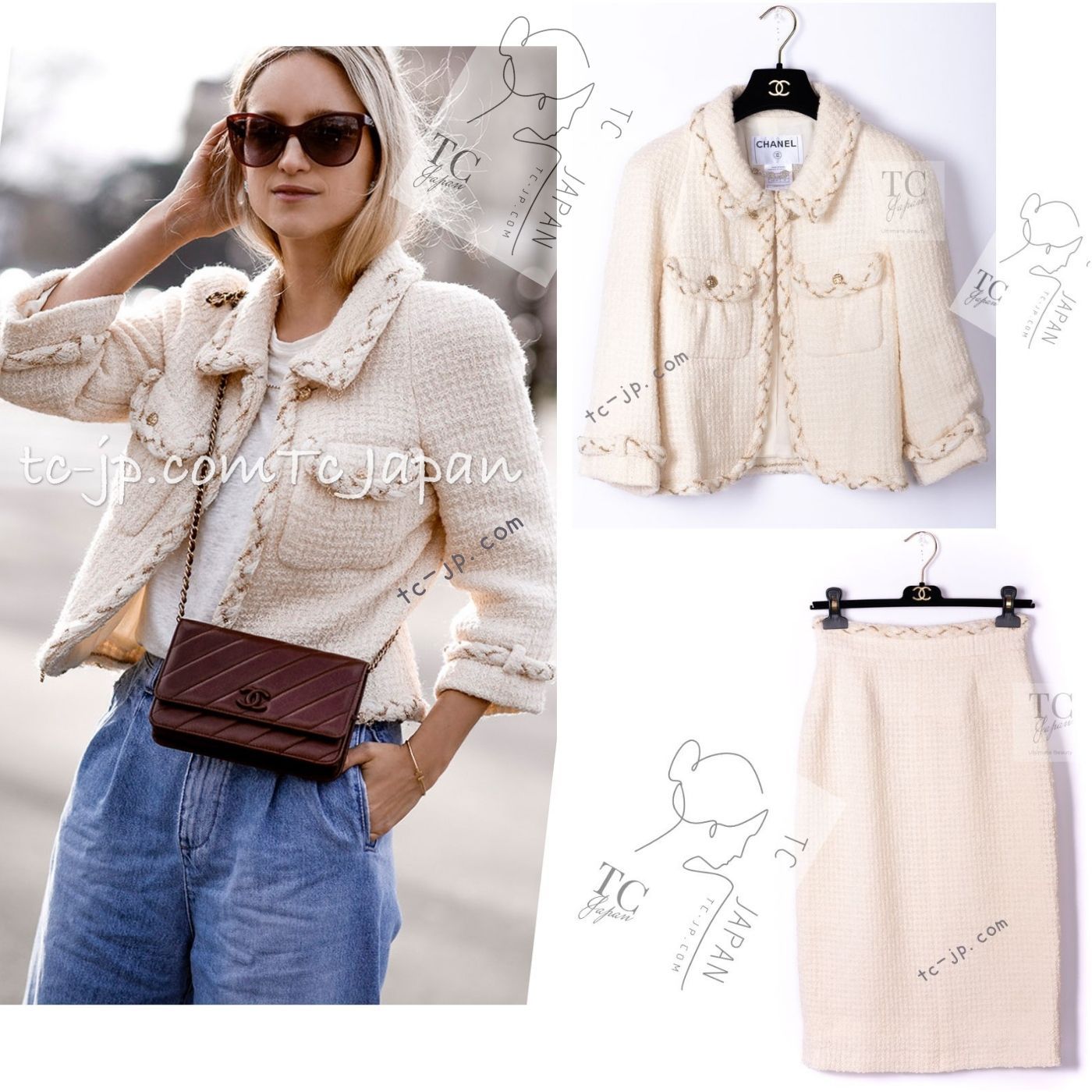 シャネル ジャケット スーツ CHANEL クリーム アイボリー ゴールド