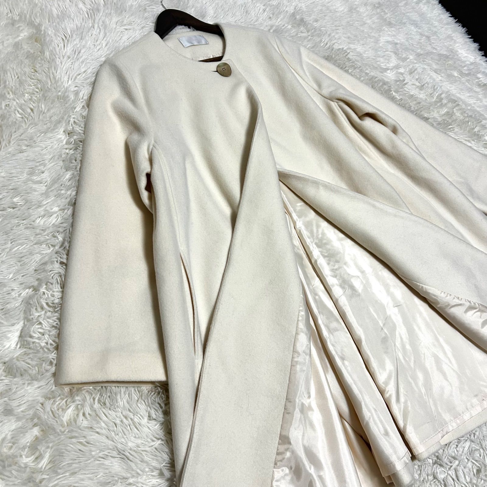 美品 CELFORD セルフォード ノーカラー ロングコート カシミヤ混 A 