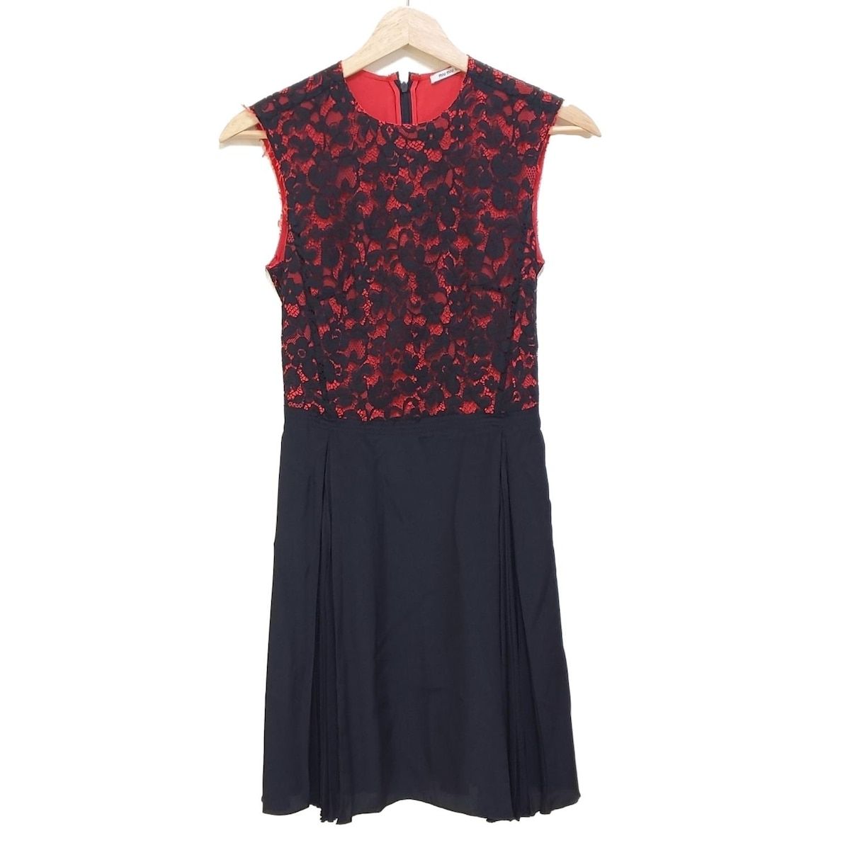 miumiu ミュウミュウ ワンピース サイズ36 S レディース 黒 レッド ノースリーブ ひざ丈 プリーツ レース