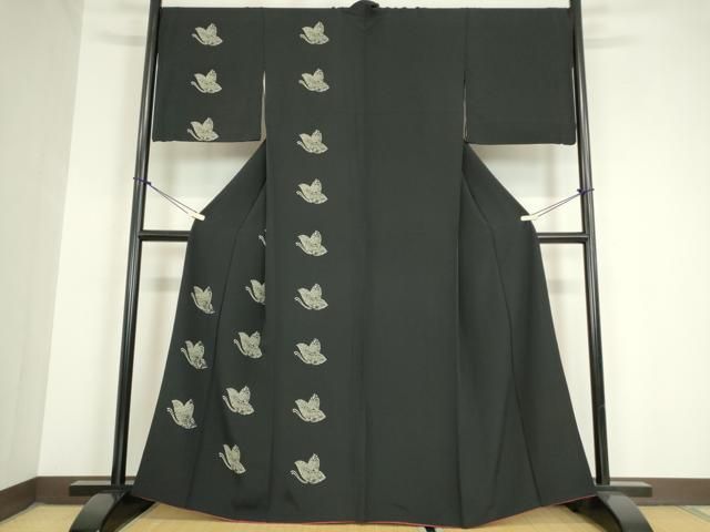 平和屋着物 訪問着 型染め 舞蝶花文 黒地 正絹 az