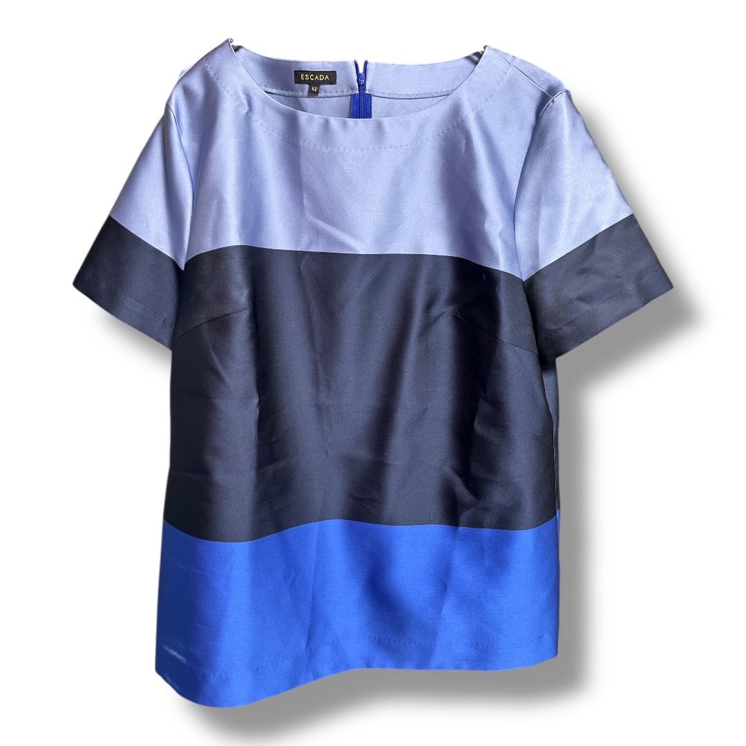 ESCADA エスカーダ シルク混トップス ブラウス カットソー ボーダー 半袖 光沢感 チュニック レディース サイズ42 ブルー系 春 1 No.K 961