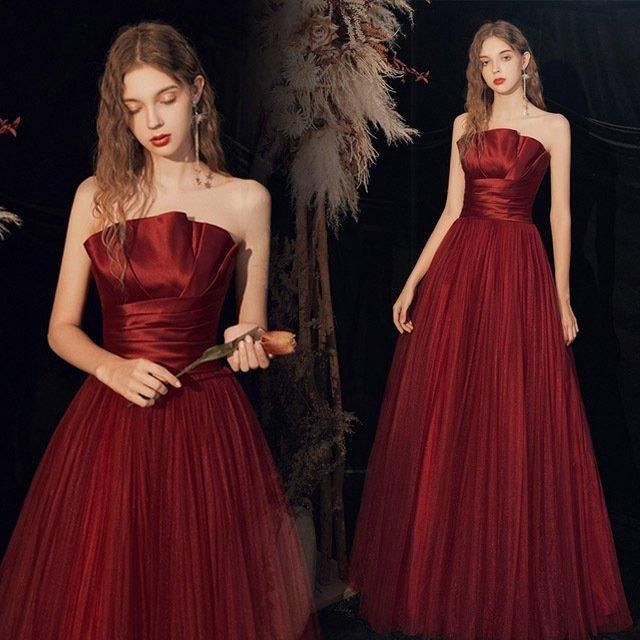 演奏会ドレス ロング パーティードレス ワイン赤 ゲストドレス 結婚式 二次会 お呼ばれ イブニングドレス ノースリーブ ベア 発表会ドレス