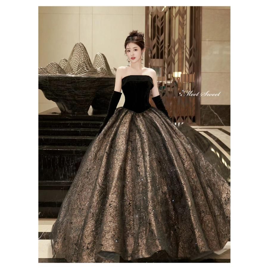 カラードレス プリンセスライン ブラック ベアトップ 黒 割引 ロング