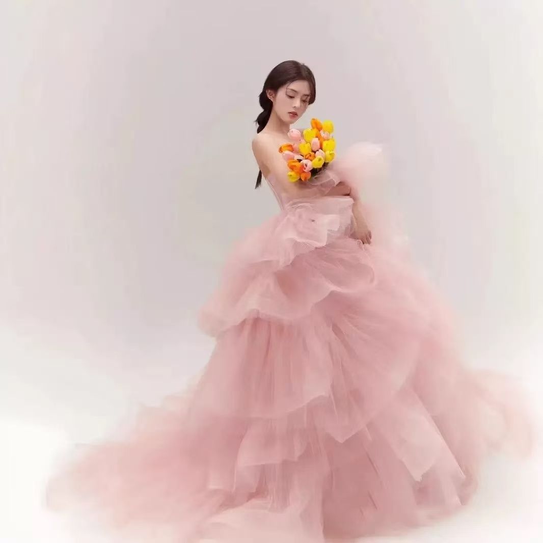 ドレス プリンセス ピンク ライトブルー ベアトップ ウェディングドレス チュール フリル ウエディングドレス ブライダル 演奏会 結婚式 二次会