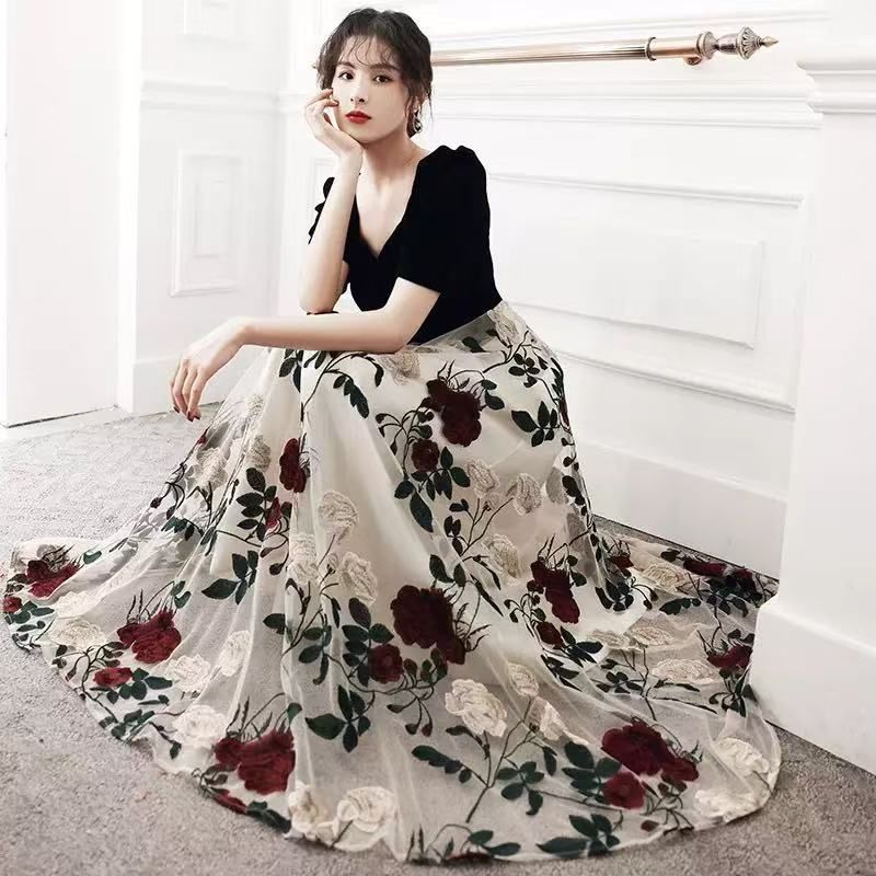 ドレス カクテルドレス ロングドレス 花柄 ブラック パーティードレス フォマールドレス 発表会 演奏会 ステージ 二次会 コンサート コンクール