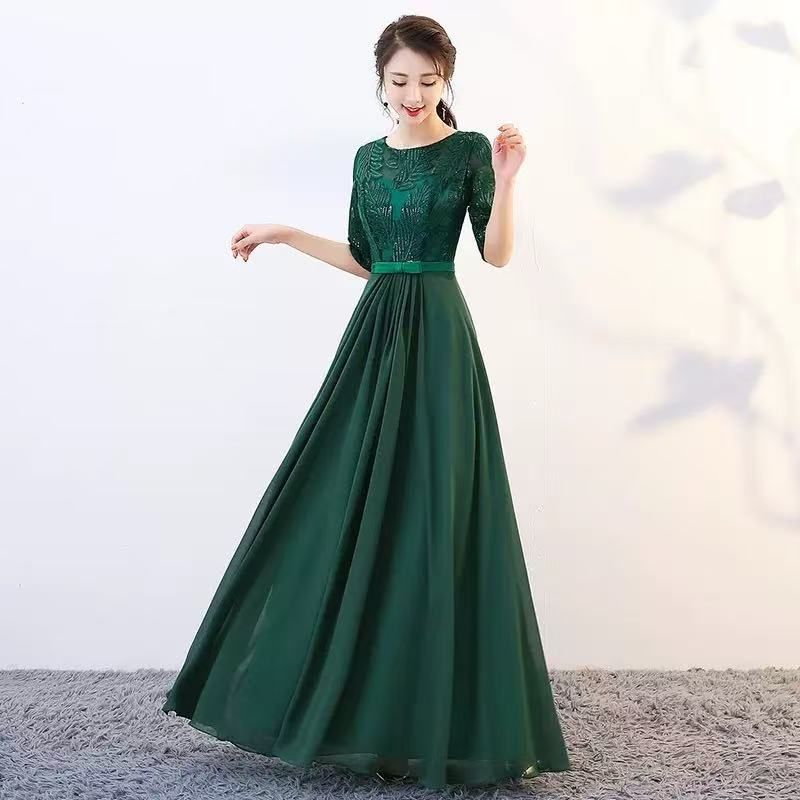 ロングドレス 演奏会 ドレス 袖あり イブニングドレス 花嫁 フォーマル 結婚式 パーティー 二次会 コンサート aラインドレス 大きいサイズ