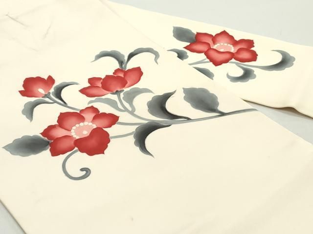 平和屋着物 塩瀬 九寸名古屋帯 手描き 花唐草文 正絹 ob