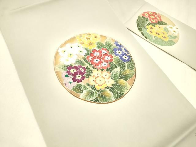 平和屋着物 塩瀬 九寸名古屋帯 友禅 作家物 草花丸文 正絹 cm