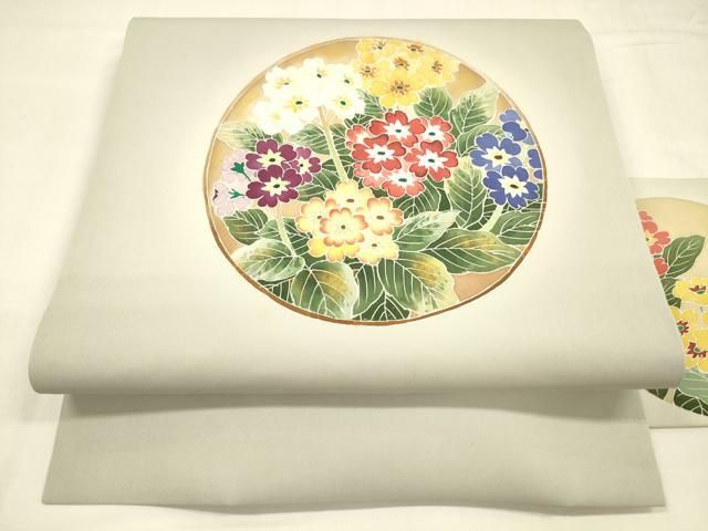 平和屋着物 塩瀬 九寸名古屋帯 友禅 作家物 草花丸文 正絹 cm