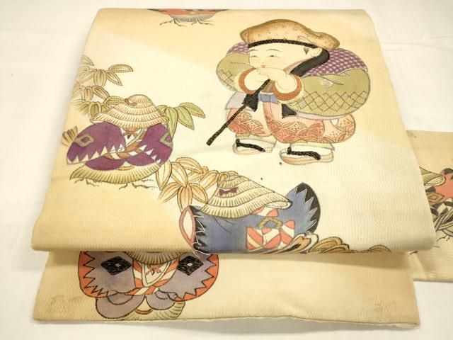 平和屋着物 アンティーク 大正ロマン 九寸名古屋帯 手描き 駒刺繍 人物文 金銀糸 正絹 cm