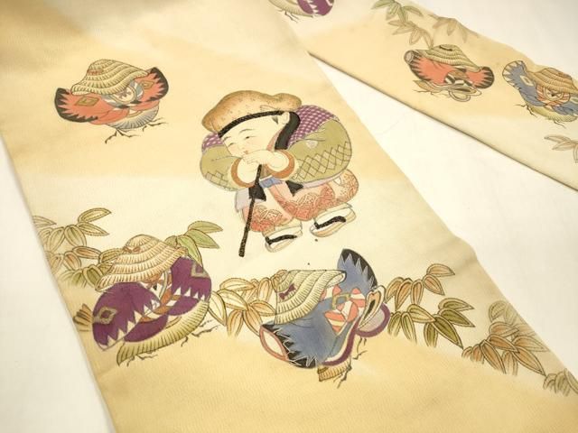 平和屋着物 アンティーク 大正ロマン 九寸名古屋帯 手描き 駒刺繍 人物文 金銀糸 正絹 cm