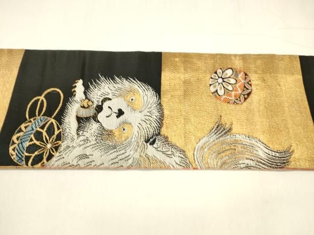 平和屋着物○アンティーク 大正ロマン 九寸名古屋帯 鞠 狆 金糸 正絹