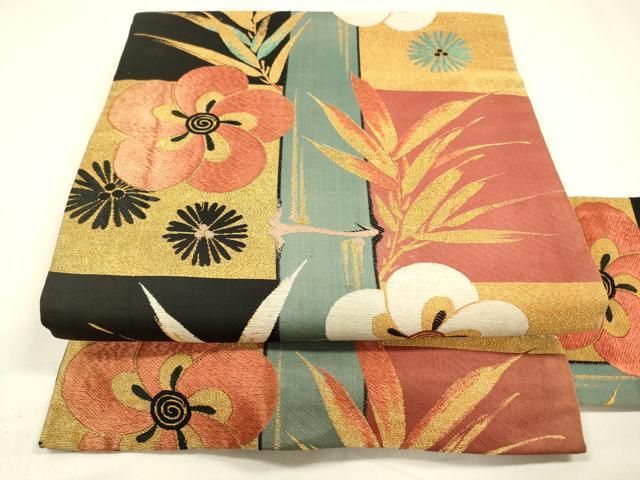 平和屋着物●アンティーク　大正ロマン　九寸名古屋帯　唐織　草花文　金糸　正絹　逸品　DABA0448cm 平和屋着物○アンティーク 大正ロマン 九寸名古屋帯 唐織 草花文 金糸