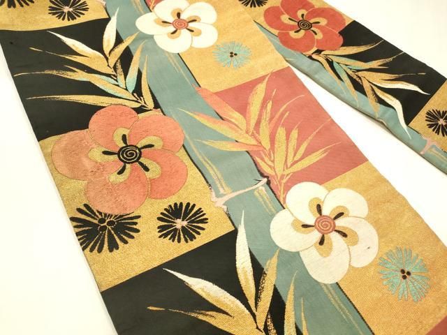 平和屋着物 アンティーク 大正ロマン 九寸名古屋帯 唐織 草花文 金糸 正絹 cm
