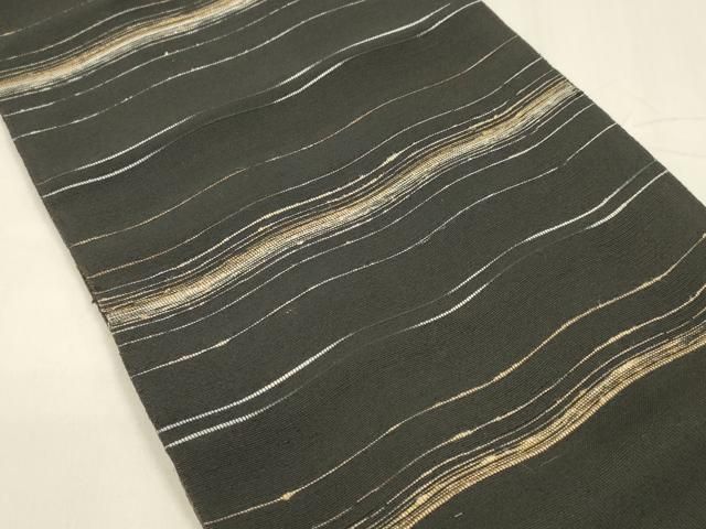 平和屋着物 八寸名古屋帯 ぜんまい紬 よろけ縞 黒地 やまと誂製 正絹 cm