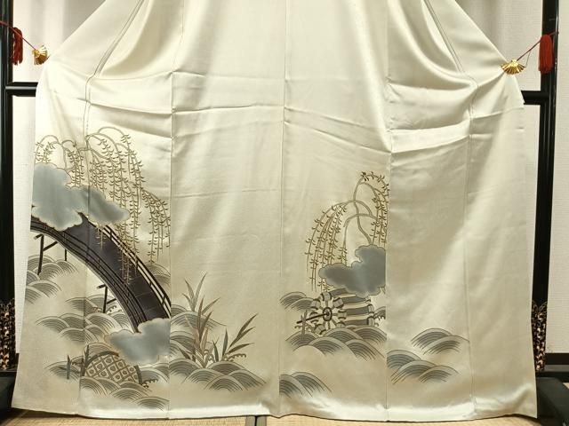 平和屋着物●銀座きしや　訪問着　手描き　駒刺繍　風景文　暈し染め　金糸　金彩　たとう紙付き　正絹　逸品　AABD8724fy 平和屋着物○銀座きしや 訪問着 手描き 駒刺繍 風景文 暈し染め 金糸