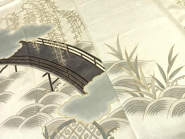 平和屋着物○銀座きしや 訪問着 手描き 駒刺繍 風景文 暈し染め 金糸