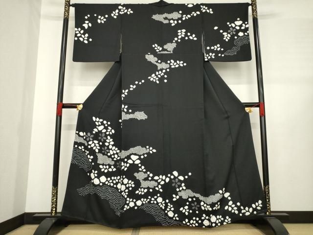 平和屋着物 訪問着 総絞り 雲重ね花文 黒地 正絹 ck