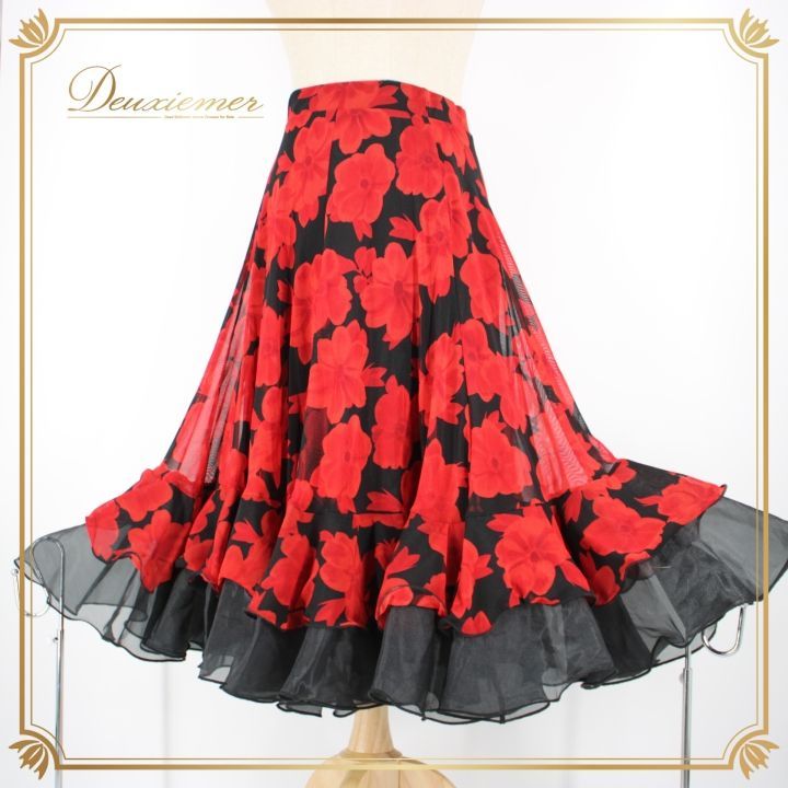 社交ダンス用ドレス 赤・黒 フレアスカート 社交ダンス 衣装 スタンダード スカート レッスンウェア オール