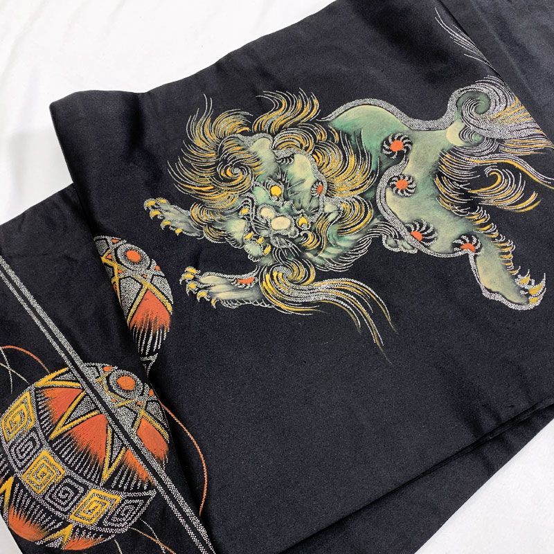 512an104◇アンティーク名古屋帯 唐獅子 黒繻子大正ロマン 昭和レトロ