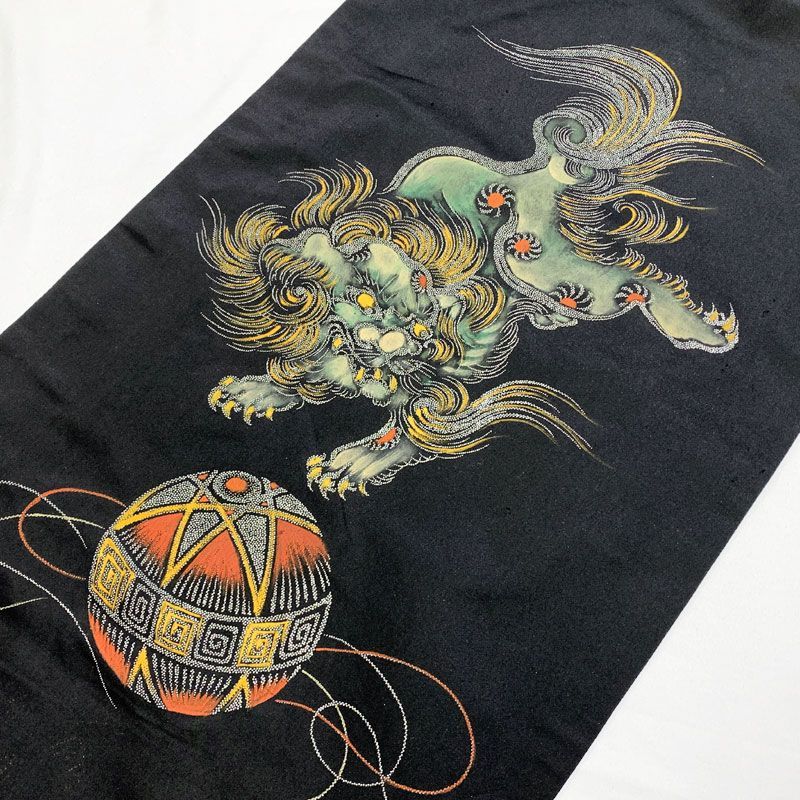 512an104◇アンティーク名古屋帯 唐獅子 黒繻子大正ロマン 昭和レトロ