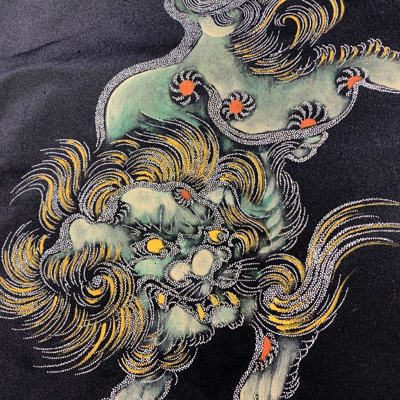 512an104◇アンティーク名古屋帯 唐獅子 黒繻子大正ロマン 昭和レトロ