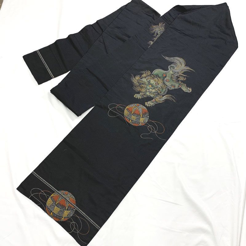 512an104◇アンティーク名古屋帯 唐獅子 黒繻子大正ロマン 昭和レトロ