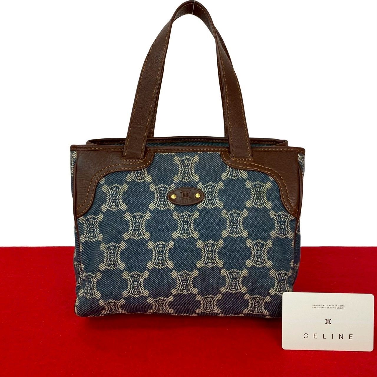 美品　セリーヌ マカダム柄 レザー ハンドバッグ ミニトートバッグ トリオンフ 極 美品 CELINE セリーヌ マカダム トリオンフ 総柄 レザー 本革