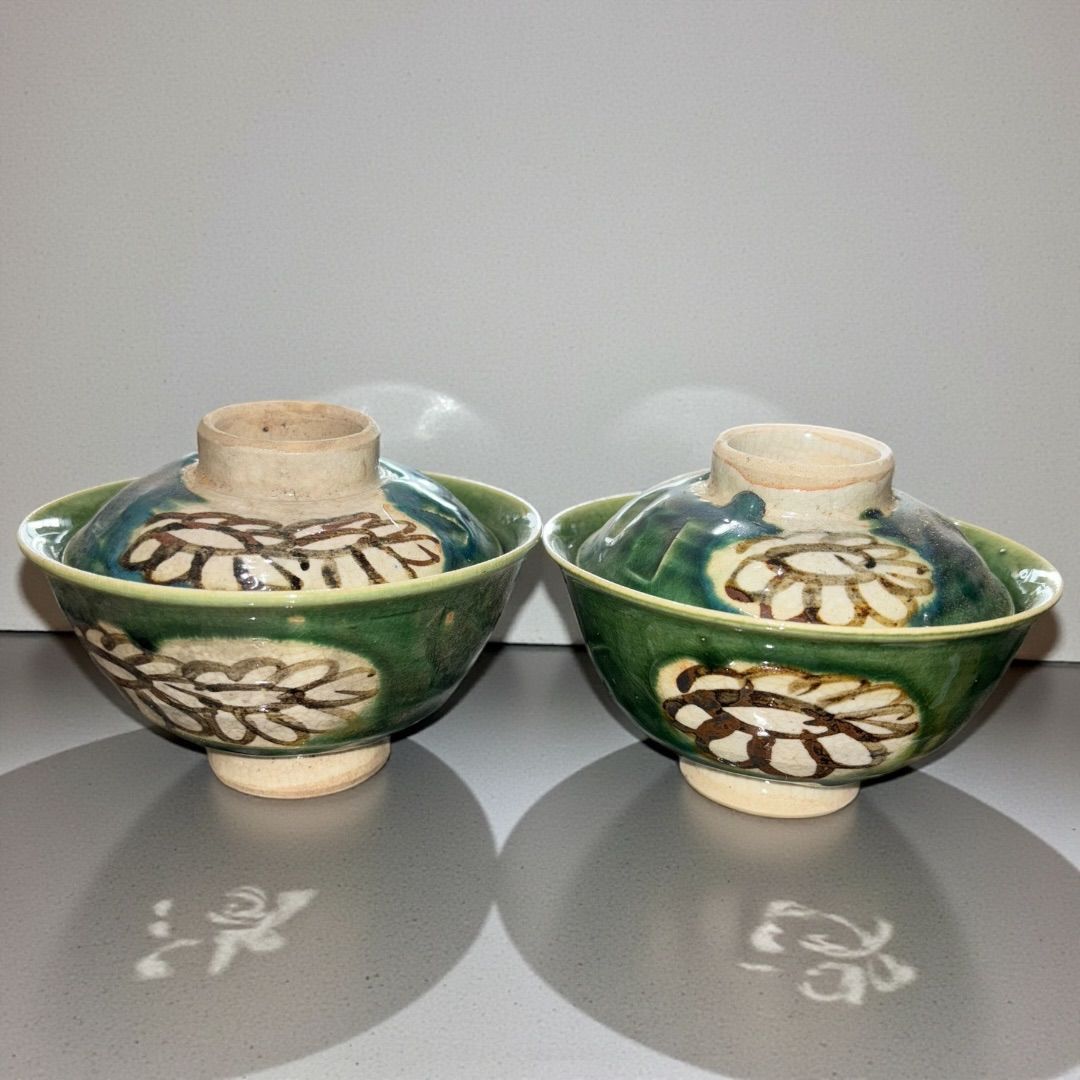 陶板　作家　陶器　工芸　アンティーク　ヴィンテージ置物 某有名オークション購入 戦前 作家銘あり 織部焼 お椀 蓋つき椀 食器