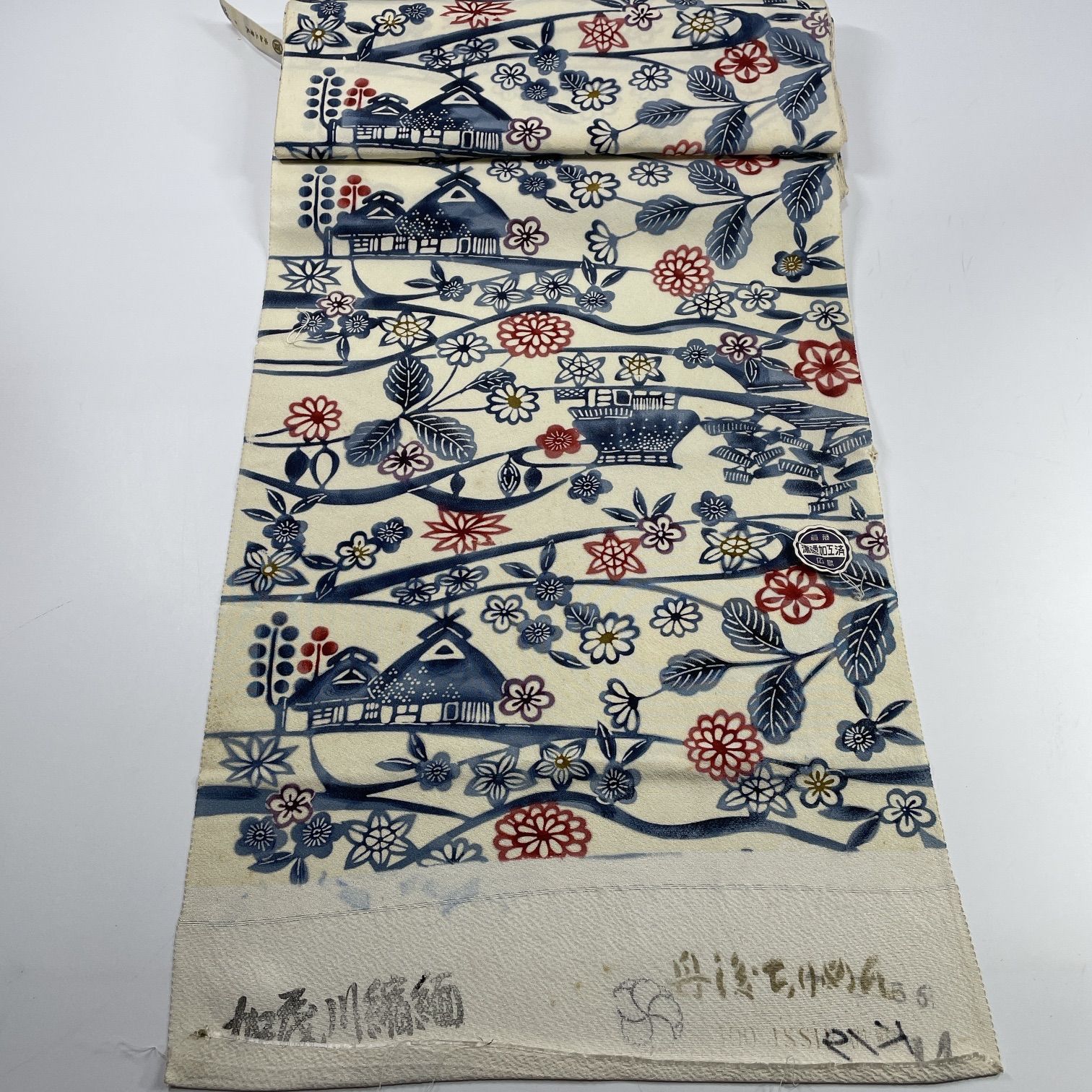 新品★﻿小紋 着尺 反物 リメイク-11 小紋 着尺 反物 1本 正絹 同梱購入歓迎 四季の花 家屋柄 リメイク用