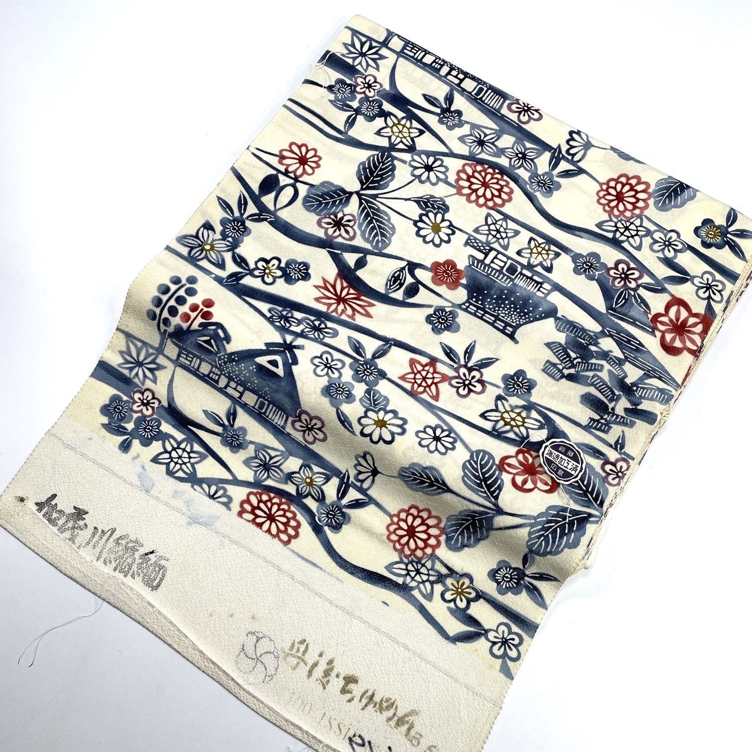 新品★﻿小紋 着尺 反物 リメイク-23 小紋 着尺 反物 1本 正絹 同梱購入歓迎 四季の花 家屋柄 リメイク用