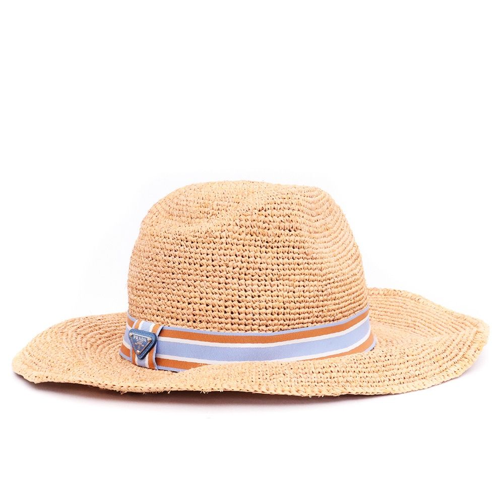 PRADA クロシェハット XLサイズ ベージュ ライトブルー 2 HC 149 CYD