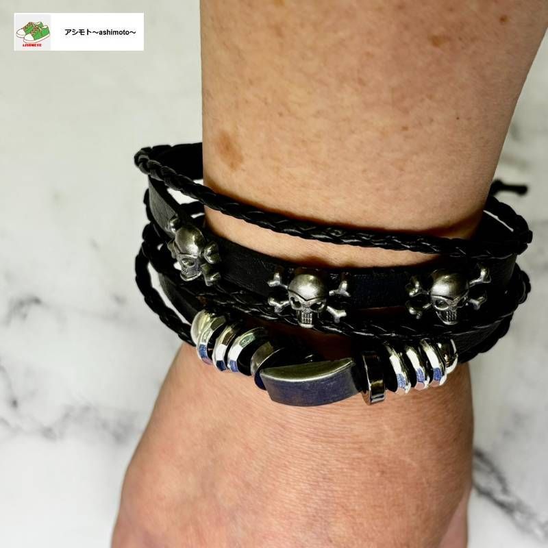 ☆ レザー ブレスレット スカル 骸骨 ドクロ 超 カッコイイ 調節可
