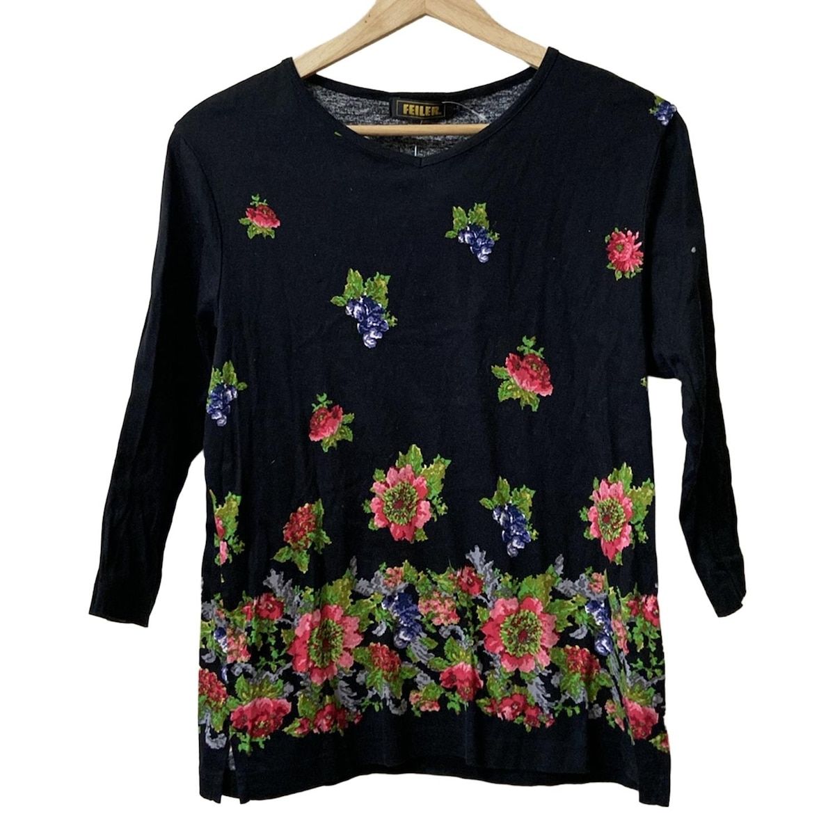 FEILER(フェイラー) 七分袖Tシャツ サイズL レディース - 黒×グリーン