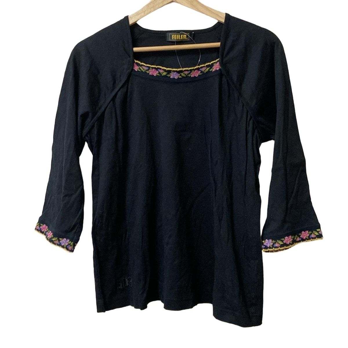 FEILER フェイラー 長袖Tシャツ サイズLL レディース - 黒×ピンク×マルチ フラワー 花
