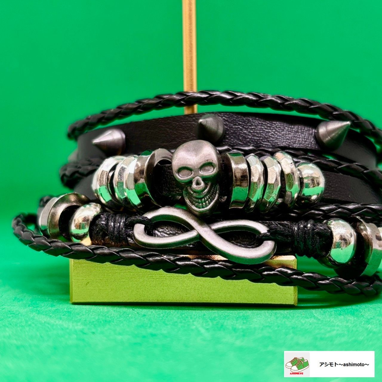 ☆ レザー ブレスレット スカル 骸骨 ドクロ カッコイイ 調節可//B-59