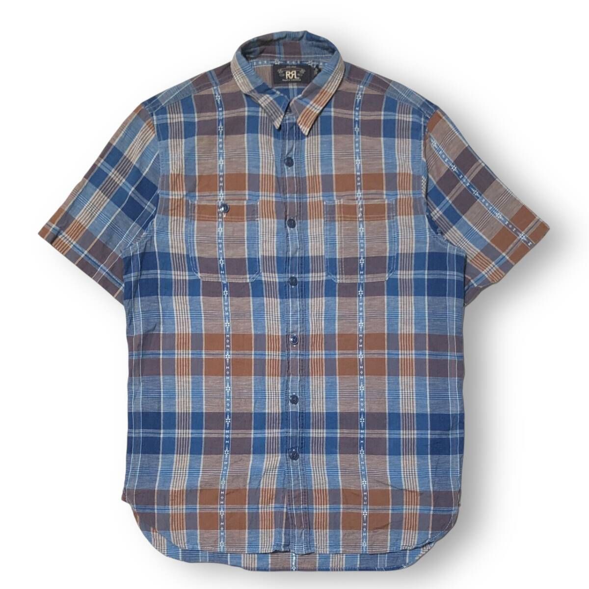 RRL RALPH LAUREN KINGS PNT SS SPORT SHIRT ブラウン ブルー サイズM ダブルアールエルラルフローレン