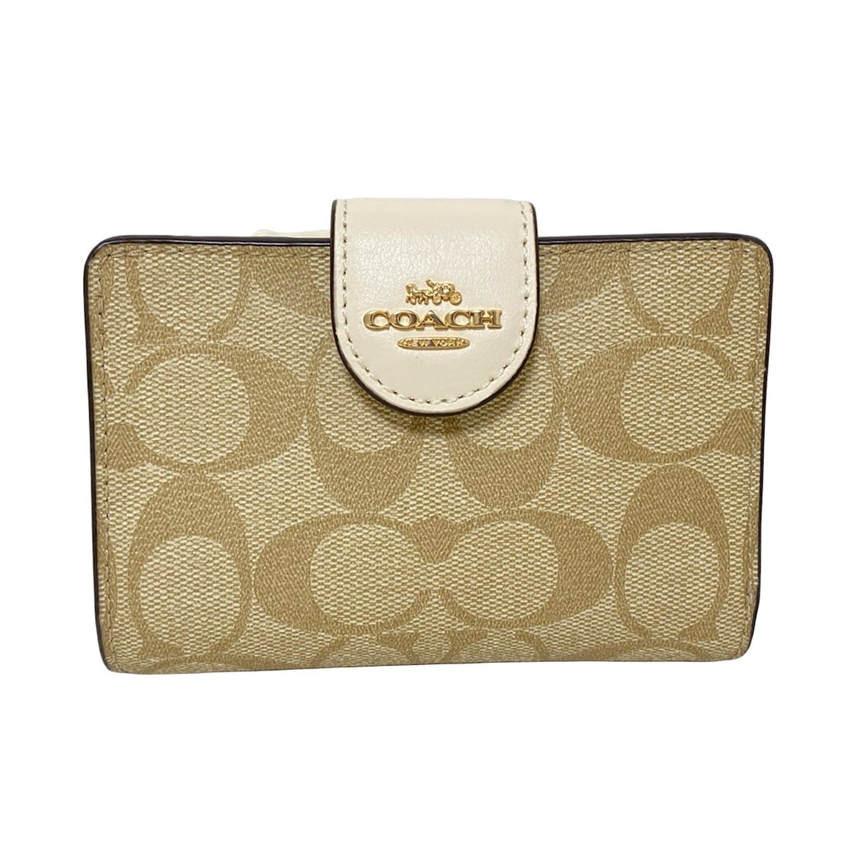 COACH コーチ 2つ折り財布 ミディアム コーナー ジップ ウォレット シグネチャー キャンバス C 0082 ベージュ×アイボリー レザー
