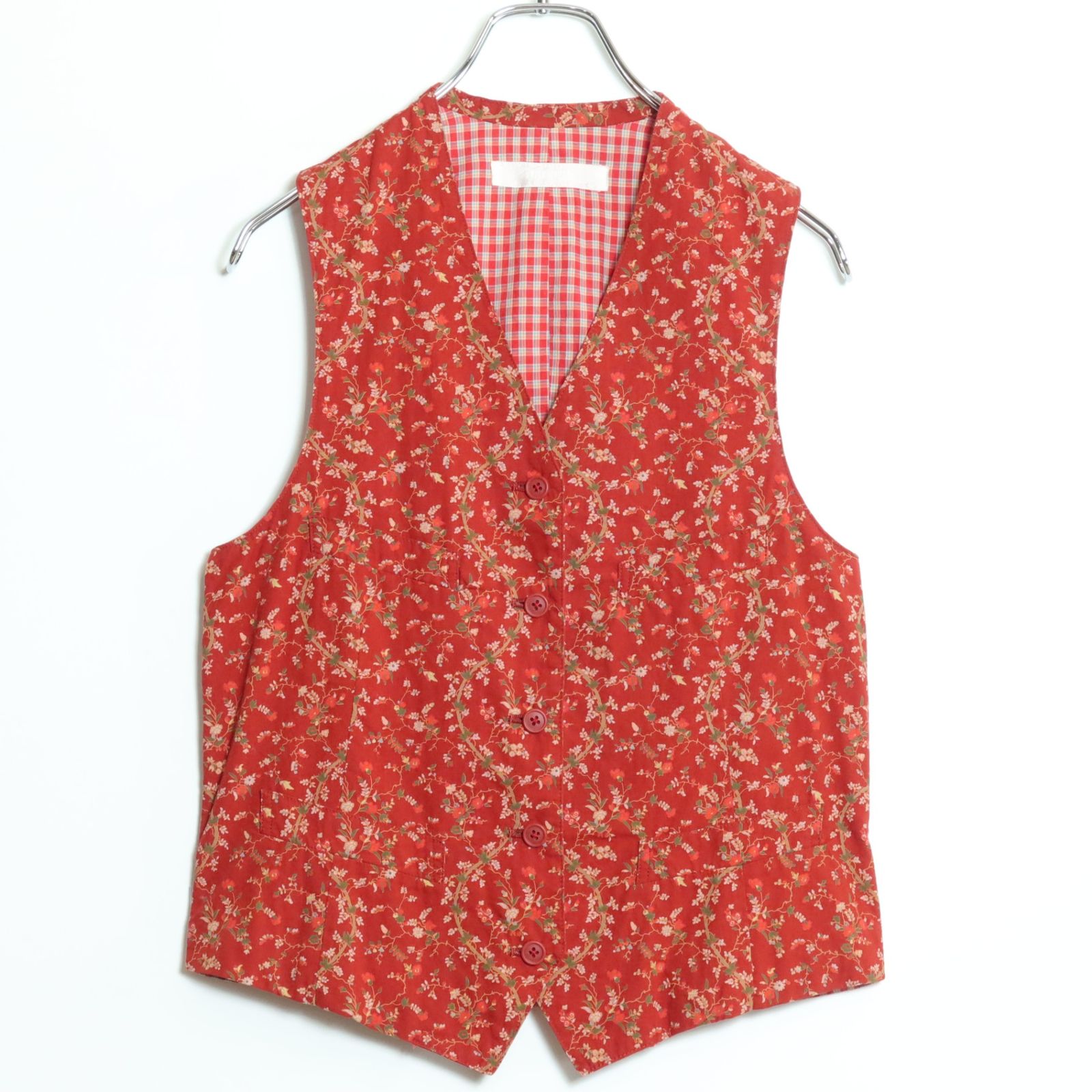 ピンクハウス☆パッチワークベスト 赤系 前開き オリチェ&花柄♪z16520