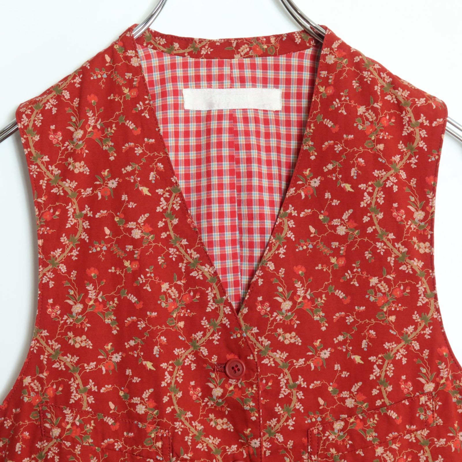 ピンクハウス☆パッチワークベスト 赤系 前開き オリチェ&花柄♪z16520