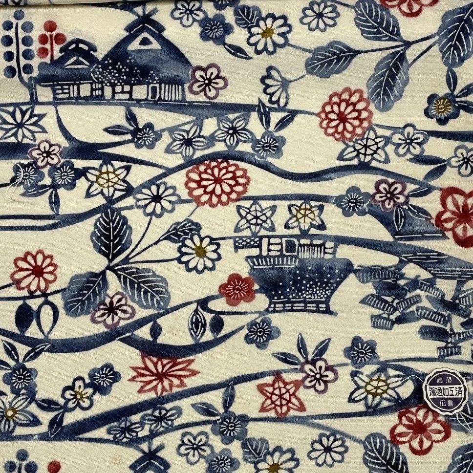 新品★﻿小紋 着尺 反物 リメイク-24 小紋 着尺 反物 1本 正絹 同梱購入歓迎 四季の花 家屋柄 リメイク用