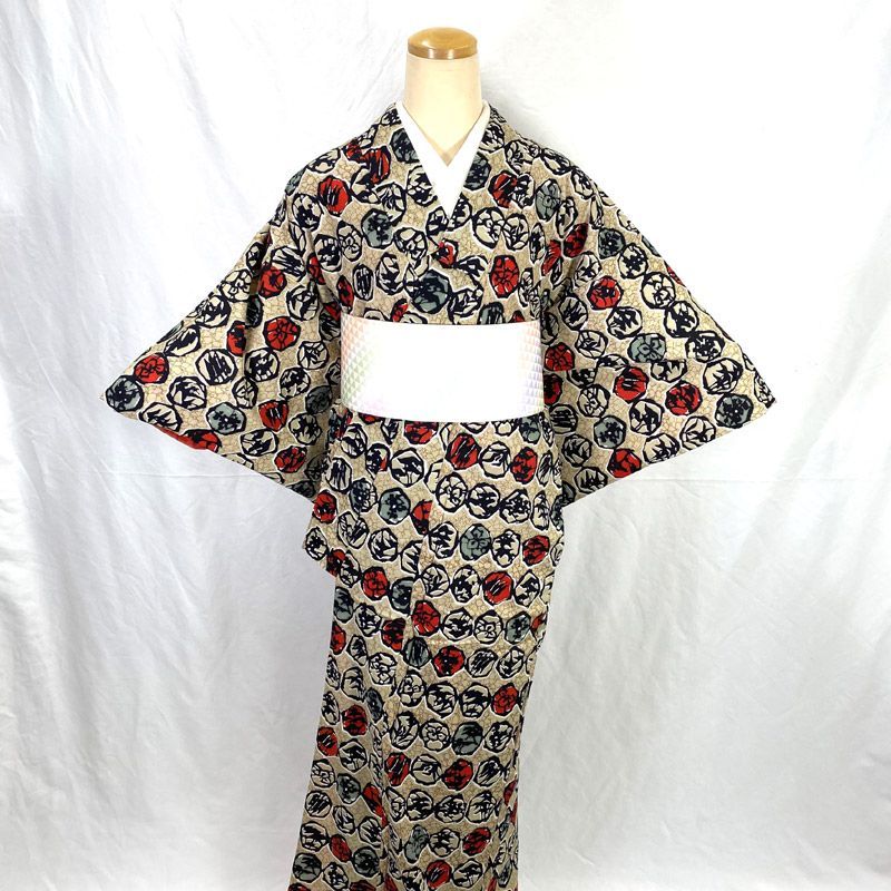 512af1△アンティーク着物 水玉 花 抽象柄 レトロモダン 大正ロマン