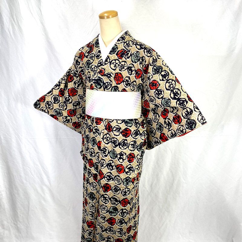 512af1△アンティーク着物 水玉 花 抽象柄 レトロモダン 大正ロマン