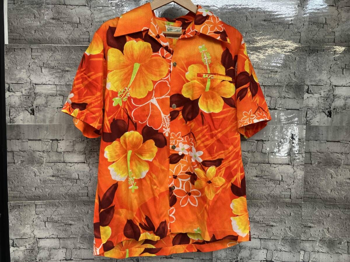 Diamond Head 60 s 70 トロピカル ハイビスカス 小銭ボタン オレンジ アロハシャツ