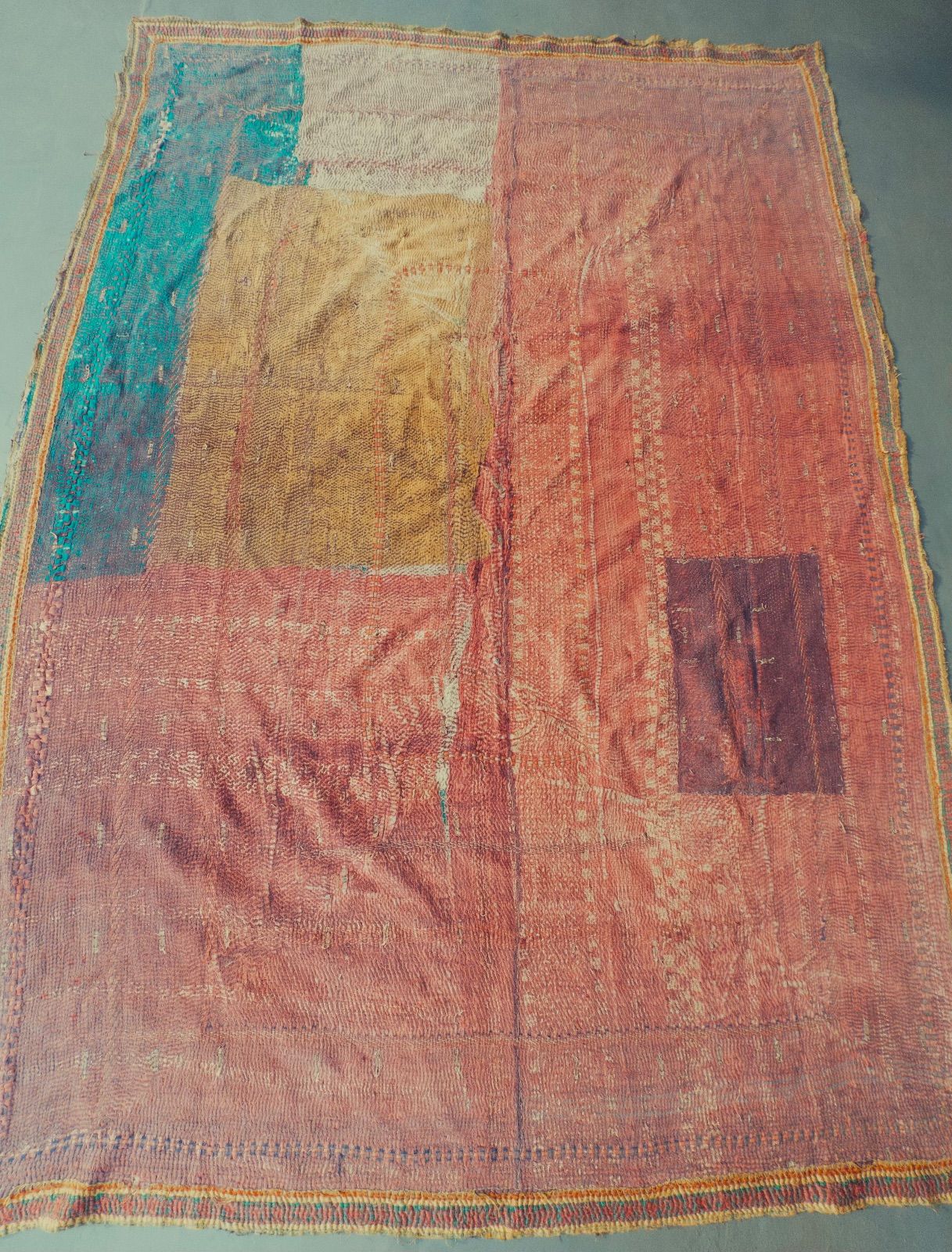 G 037 ラリーキルト マルチカバー ボロ BORO 刺し子 グドゥリー 手縫い ハンドメイド インド ラグ マット ソファーカバー