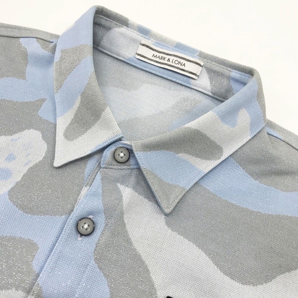 サイズ L MARK-LONA マークアンドロナ 半袖ポロシャツ ラメ入り スカル カモフラ柄 ブルー系 ゴルフウェア メンズ ストスト