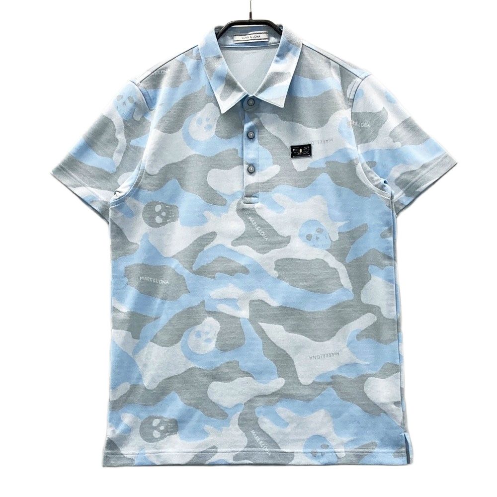 サイズ L MARK-LONA マークアンドロナ 半袖ポロシャツ ラメ入り スカル カモフラ柄 ブルー系 ゴルフウェア メンズ ストスト