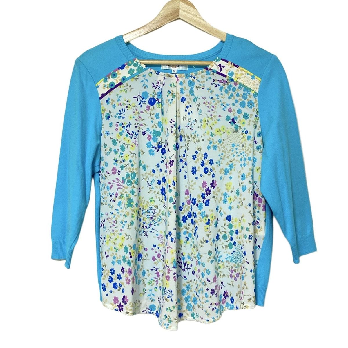 レオナールスポーツ 長袖カットソー サイズ42 L レディース - 白×ライトブルー×マルチ クルーネック 異素材切替え 花柄