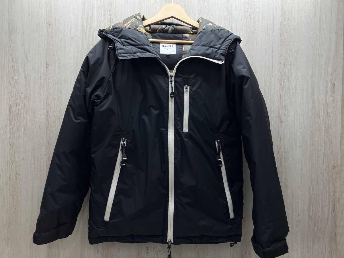 ダウンジャケット ブラック NANGA/ナンガ 裏地カモフラ 白×黒 ドローコート フード 日本製 ナイロン 迷彩 ブラック ダウン Sサイズ